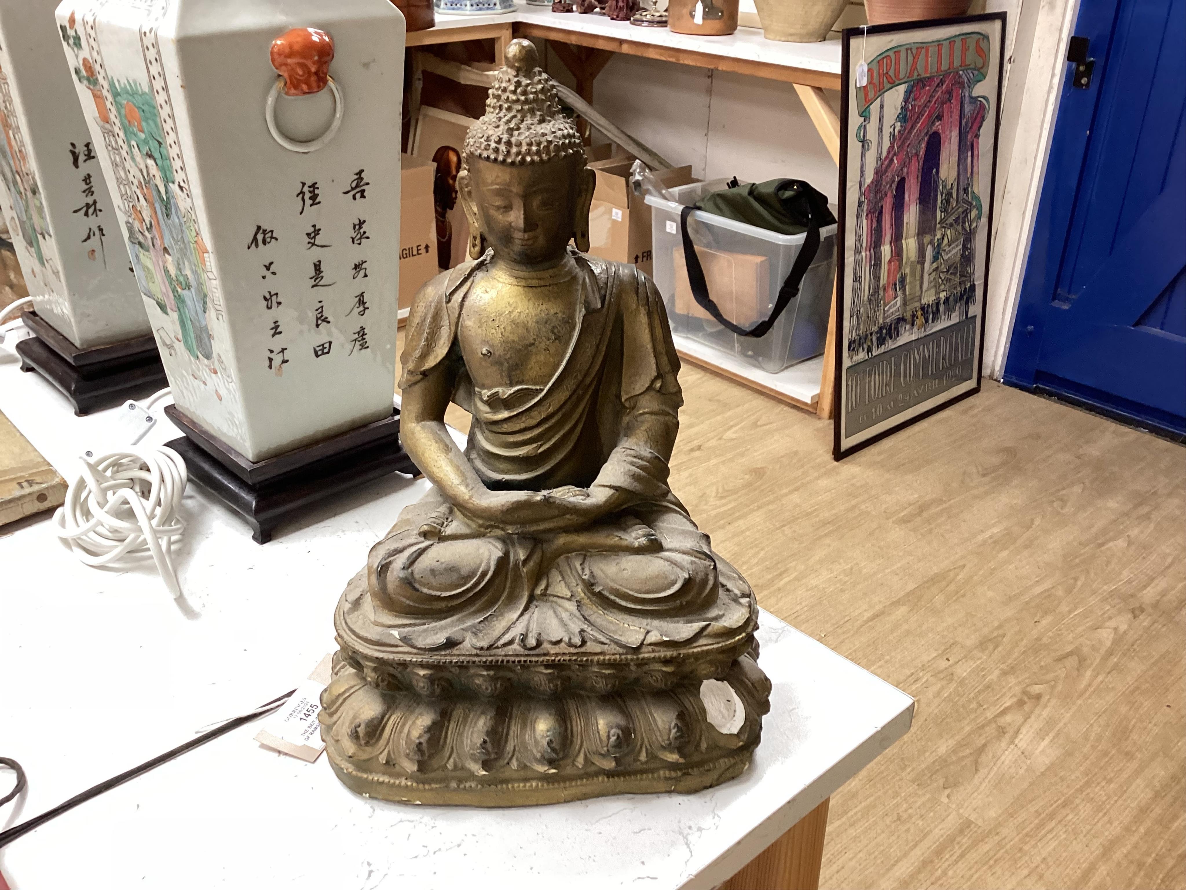 A pair of early 20th century Chinese famille rose vases, mounted as lamps and a plaster model of a Buddha, vases 46cm